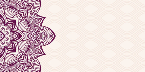 Horizontal mandala banner. Decorative flower mandala background with place for text. Colorful abstract graphics. Arabic Islamic east style. Mandala silhouette. Vector color illustration.