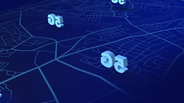 animation of city map with internet wireless network connection. 5g technology, digital futuristic background. Worldwide global Communication High Speed Wi-fi satellite internet coverage map of a city