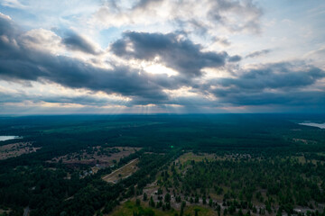 Aerial view of clouds over the valley at sunset