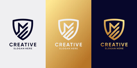Monogram logo design initial letter M with line art style and shield concept