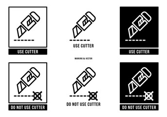 Fototapeta premium A set of manipulation symbols for packaging cargo products and goods. Marking - Do not use cutter. Marking - Use cutter. Vector elements.