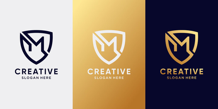 Creative monogram logo design initial letter M with line art style in shield concept