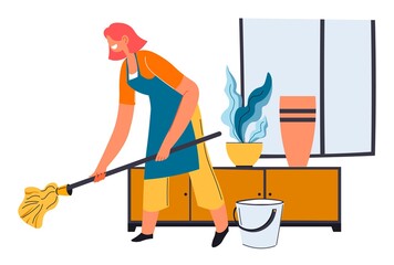 Fototapeta premium Housewife mopping floor with wet wipe and water