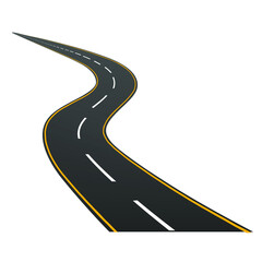 Winding road. Journey traffic curved highway. Road to horizon in perspective. Winding asphalt empty line isolated vector concept.