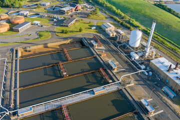 Aerial view of basins for sewage water aeration and cleaning in process of sewage treatment on Biological treatment water