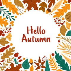 Autumn leaves frame. Hello autumn banner with red or yellow leaves, berries, acorns. Oak, maple fall foliage round border Vector background. Promo poster with colorful plants for adverts