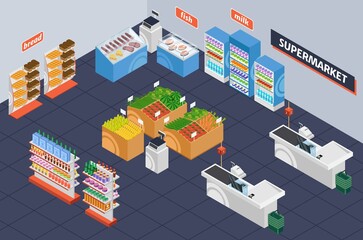 Isometric supermarket. Retail shop shelving with products. Grocery store interior with checkout desk, shelves, showcase display 3d vector layout. Fish, bread and milk departments with equipment