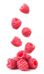 Ripe strawberry falls on a heap on a white background. Isolated