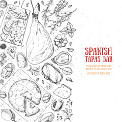 Spanish cuisine top view frame. A set of spanish dishes with hamon, tortilla, tapas, cheese . Food menu design template. Vintage hand drawn sketch vector illustration. Engraved image