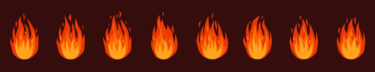 Fire animation. Burning bonfire or campfire, torch fire flames. Red, orange blazing fires effect animated sprites sheet cartoon vector set. Hot flame energy, colorful fire effect for game