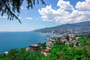 View of Yalta from the mountain. A city by the sea. A resort town.