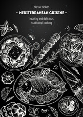 Mediterranean cuisine top view frame. A set of mediterranean dishes. Food menu design template. Vintage hand drawn sketch. Vector illustration. Food collection.