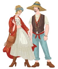 Bohemian couple man and woman wearing clothes