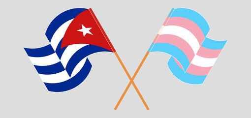 Crossed and waving flags of Cuba and Transgender Pride