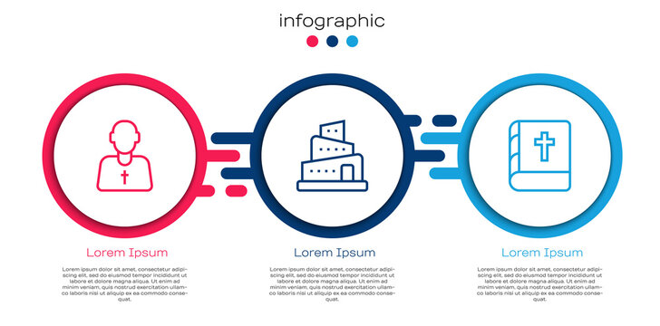 Set line Priest, Babel tower bible story and Holy book. Business infographic template. Vector
