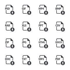 File format extensions icons. Pdf and mp3, txt and doc, docx and html, jpg and zip, csv and ppt, xls and rar download document vector buttons. Save document on computer, download icon images