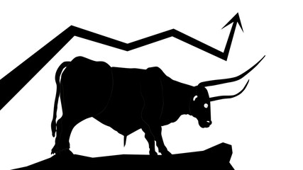 Bull silhouette with upward trending arrow isolated on white. Vector illustration.