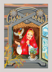 Russian folk art vector. A girl in a headscarf at the windowsill in the open window of a Russian hut.