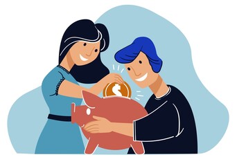 Fototapeta premium Young couple saving money in piggy bank for future