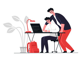 Vector Flat illustration with Father who Helps his Son to Study at Home online. Concept Fatherhood, Relationships, Relatives, Family, remote Study. It can be used in banners, web design, postcards etc