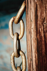 Close-up of old rusted chain on wooden fence post