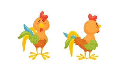 Rooster Funny Character with Bright Feathers Standing Vector Set