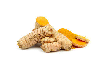 Turmeric spice, curcuma longa roots and powder isolated on white background