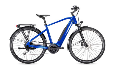 blue modern men´s mid drive motor city touring or trekking e bike pedelec with electric engine middle mount. battery powered ebike isolated white background. Innovation transportation concept.