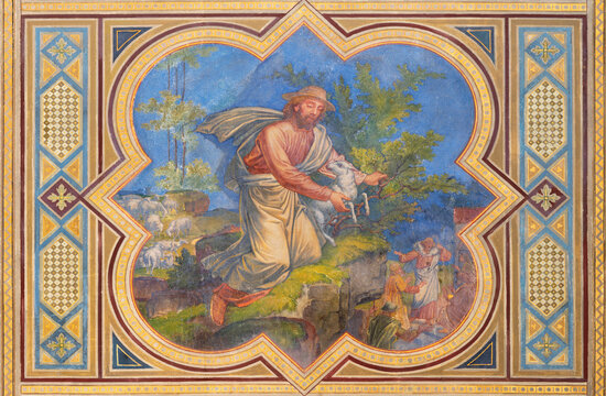 VIENNA, AUSTIRA - JUNI 24, 2021: The fresco of the parable of good shepherd in the Votivkirche church by brothers Carl and Franz Jobst (sc. half of 19. cent.).