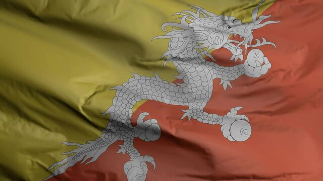 Bhutan flag seamless closeup waving animation. Bhutan Background. 3D render, 4k resolution