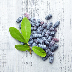 Honeyberry or haskap berries with fresh green leaves on grey wooden background