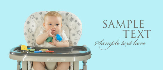 Close-up of a baby sitting on a high chair and looking at the camera. The baby is waiting in a feeding chair on an isolated background. Suitable for advertising baby food.