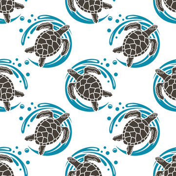 seamless pattern with sea turtles and waves on white background