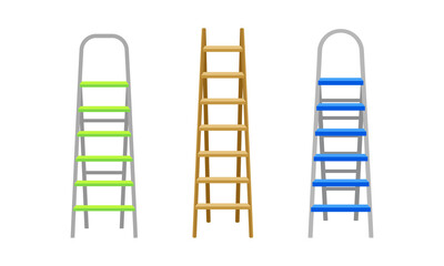 Wooden and Metal Step Ladder for Domestic and Construction Need Vector Set