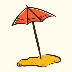Fototapeta premium Vector isolated doodle image. Beach umbrella on the sand. Summer sticker, design element on the theme of sea or ocean holidays.