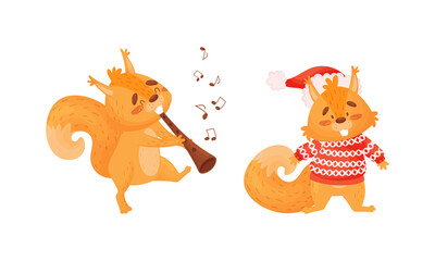 Fluffy Squirrel Character Wearing Knitted Sweater and Playing Flute Vector Set