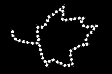 Confetti of multicolored leaves isolated on a black background.Falling confetti made of minimalistic maple leaves. Abstract sheet for label, postcard, poster, cover, flyer, textile design