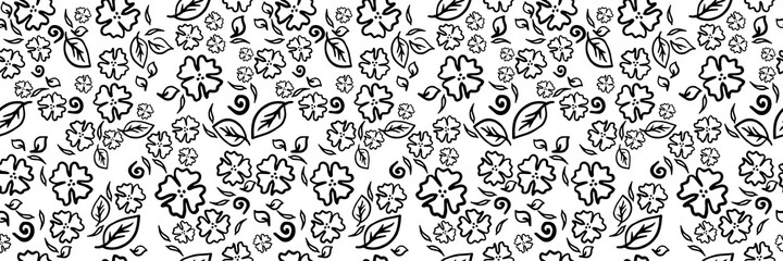 Minimalism flowers black and white. Floral pattern. Floral seamless background. Blooming botanical motifs scattered random. 