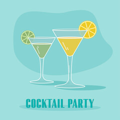 Cocktail in a glass cup on a blue background with citrus. Сocktail party invitation poster. Vector drawing. Summer party.