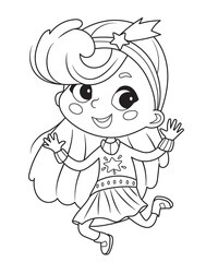 Coloring Page of Super Hero Children. Boys and Girls wearing costumes of superheroes Coloring book. Cartoon vector characters of Kids Superheroes.