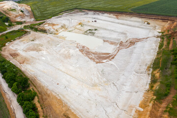 open pit chalk mining, top view, drone footage