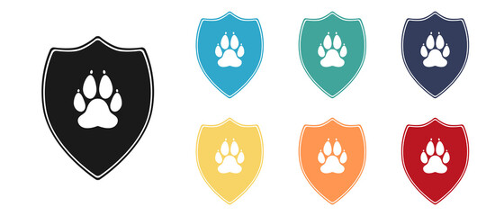 Black Animal Health Insurance Icon Set. Pet protection concept. Dog or cat paw print. Web design.