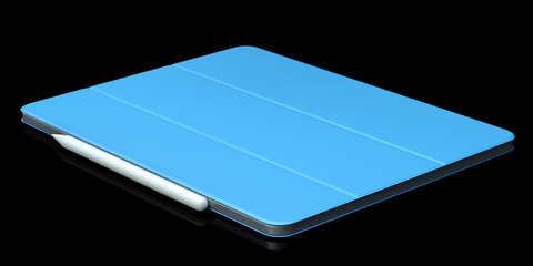 Computer tablet with blue cover case and pencil isolated on black background.