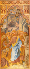 VIENNA, AUSTIRA - JUNI 24, 2021: The fresco of Christ and the Woman with the Issue of Blood in the Votivkirche church by brothers Carl and Franz Jobst (sc. half of 19. cent.).