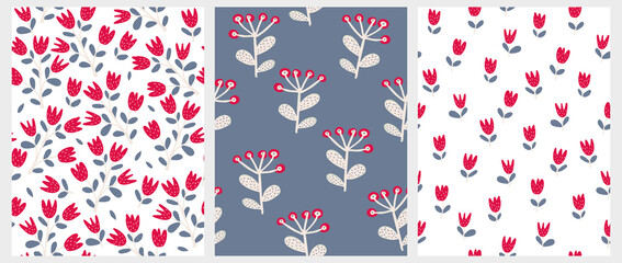 Fototapeta premium Cute Hand Drawn Floral Seamless Vector Patterns. Red Flowers and Twigs Isolated on a White and Pale Dark Blue Background. Infantile Style Floral Print for Fabric, Textile. Abstract Garden.