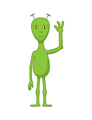 Alien green three-fingered with narrow pupils welcomes and waves his hand. Colored isolated illustration in cartoon style on white.