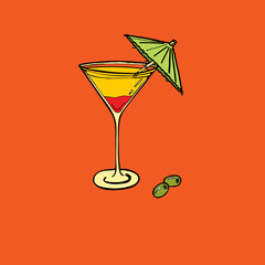 Hand drawn glass of cocktail and olives