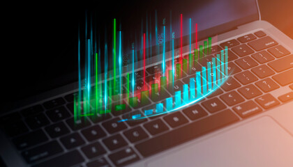 Business neon background, gravity growth. Global analysis framework. Business development strategy, development, holding. Laptop, neon graphics, glare and glow. Augmented reality, marketing, display.