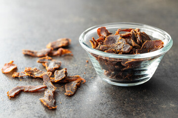 Sliced beef jerky. Dried beef meat.