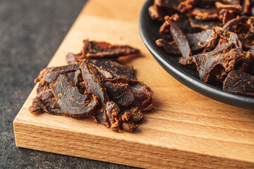 Sliced beef jerky. Dried beef meat.